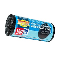 Мешки для мусора 120 л, с ушками, черные, в рулоне 30 шт., ПНД, 15 мкм, 1100х700 мм, Крепак, 4607075710375 в Барнауле